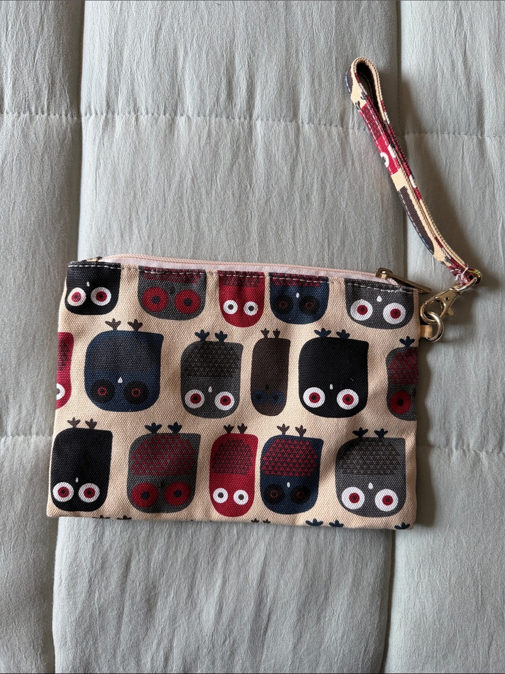 Forever 21 Wristlet Pouch in Beige with Red & Black Owl Print